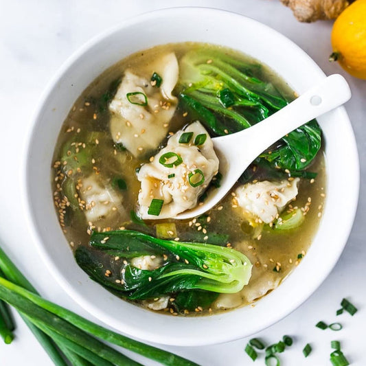 15-minute Lemon Ginger Bone Broth Wonton Soup
