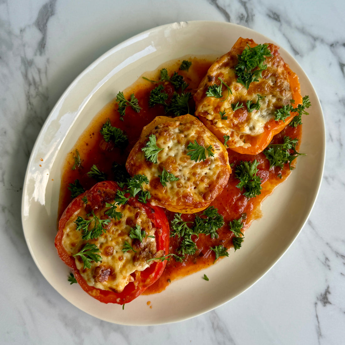 Chicken-stuffed peppers with bone broth